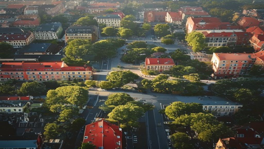 Areal-udsigt over København med markerede vandreruter gennem parker og gader